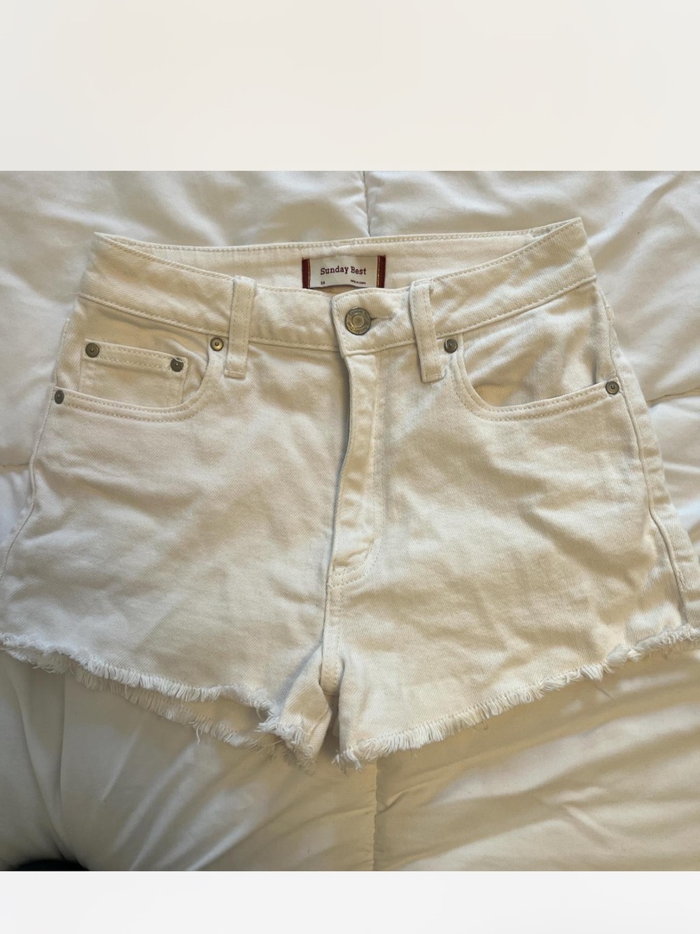 Sunday Best Off-White Denim Frayed Hem Shorts